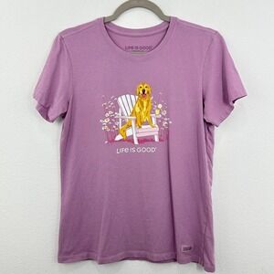 Life is Good Womens Crusher Lite T-Shirt Medium Purple Golden Retriever Dog Tee